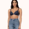 The Crochet Lace Deep V No-Wire Push-Up: Navy -Wear Lively Shop 1 on model front crochet lace deep v no wire push up navy
