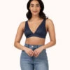 The Crochet Lace Plunge Bralette: Navy -Wear Lively Shop 1 on model front crochet lace plunge bralette navy