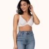 The Crochet Lace Unlined Plunge Bra: Fresh White -Wear Lively Shop 1 on model front crochet lace unlined plunge bra fresh white