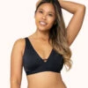 The Eco Deep V Bralette: Jet Black 15 The Eco Deep V Bralette: Jet Black -Wear Lively Shop 1 on model front eco deep v bralette jet black