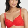 The Lace No-Wire Push-Up: Tomato Red -Wear Lively Shop 1 on model front lace no wire strapless tomato