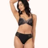The Smooth Lace No-Wire Push-Up Bra: Jet Black/Soft Pink 14 The Smooth Lace No-Wire Push-Up Bra: Jet Black/Soft Pink -Wear Lively Shop 1 on model front smooth lace no wire push up jet black