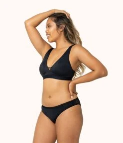 The Eco Deep V Bralette: Jet Black -Wear Lively Shop 2 on model front1 eco deep v bralette jet black 61a9c1d5 3c8a 4a46 ae38 1b048ca98b94