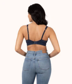 The Crochet Lace Plunge Bralette: Navy -Wear Lively Shop 3 on model back crochet lace plunge bralette navy