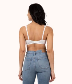 The Crochet Lace Unlined Plunge Bra: Fresh White -Wear Lively Shop 3 on model back crochet lace unlined plunge bra fresh white