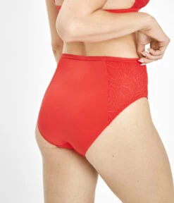 The Lace High Waist Bikini: Tomato Red -Wear Lively Shop 3 on model back lace high waist bikini tomato