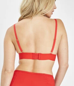 The Long-Lined Lace Bralette: Tomato Red -Wear Lively Shop 3 on model back long lined lace bralette tomato
