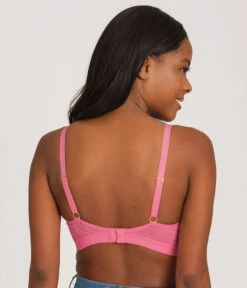 The Palm Lace Busty Bralette: Pink Hibiscus -Wear Lively Shop 3 on model back palm lace busty bralette pink hibiscus
