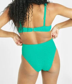 The Swim Ruched High Waist Bikini Bottom: Aquamarine -Wear Lively Shop 3 on model back swim ruched high waist bikini bottom aquamarine
