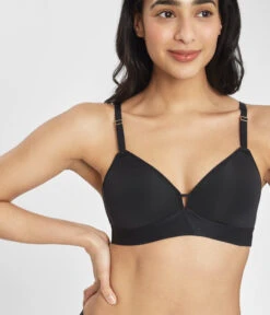 The Spacer Bra Trio: Toasted Almond/Jet Black/Plum -Wear Lively Shop 3 on model front spacer bra jet black