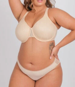 The Smooth Lace Minimizer Bra: Toasted Almond 13 The Smooth Lace Minimizer Bra: Toasted Almond -Wear Lively Shop 3 on model front2 smooth lace minimizer toasted almond
