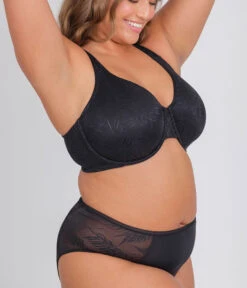 The Smooth Lace Minimizer Bra: Jet Black -Wear Lively Shop 3 on model side smooth lace minimizer jet black