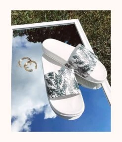 The Palm Slides: White/Green Palm -Wear Lively Shop 3 on model ugc front2 slides palm print 94b4a83b 9f3d 4533 8354 8822bf6f6369