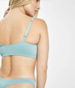 The Skinny-Strap Seamless Bralette: Sky Blue -Wear Lively Shop 4 on model back skinny strap seamless bralette sky blue