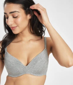 The All-Day No-Wire Push-Up Trio: Heather Gray/Jet Black/Toasted Almond -Wear Lively Shop 4 on model front all day no wire push up heather gray