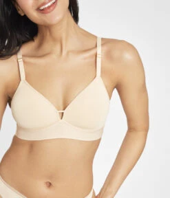 The Spacer Bra Trio: Jet Black/Toasted Almond/Smoke -Wear Lively Shop 4 on model front spacer bra toasted almond