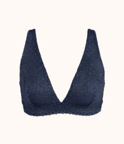 The Crochet Lace Plunge Bralette: Navy -Wear Lively Shop 4 product flat front crochet lace plunge bralette navy
