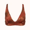 The Metallic Palm Plunge Bralette: Burnished Mahogany/Metallic Palm Print -Wear Lively Shop 4 product flat front metallic plunge bralette burnished mahogony foil
