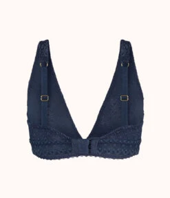 The Crochet Lace Plunge Bralette: Navy -Wear Lively Shop 5 product flat back crochet lace plunge bralette navy