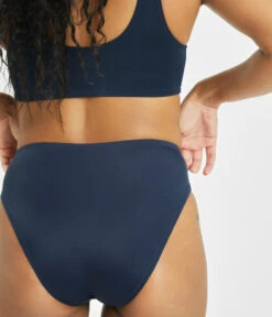 The Bralette & High Waist Swim Bundle: Navy -Wear Lively Shop 7 on model back swim high waist bikini bottom navy