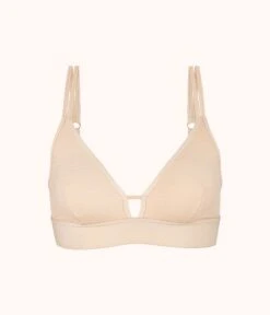 The Stripe Mesh Bralette: Toasted Almond -Wear Lively Shop product flat front stripe mesh bralette toasted almond 1b01b48a dc72 4c68 88d7 dd3eb8f1f7a6