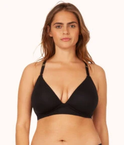 The All-Day Plunge No-Wire Bra: Jet Black -Wear Lively Shop sizeswap 36DD 1 front all day plunge no wire bra jet black